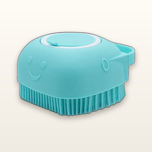SudsyPet silicone bath brush with shampoo dispenser in turquoise