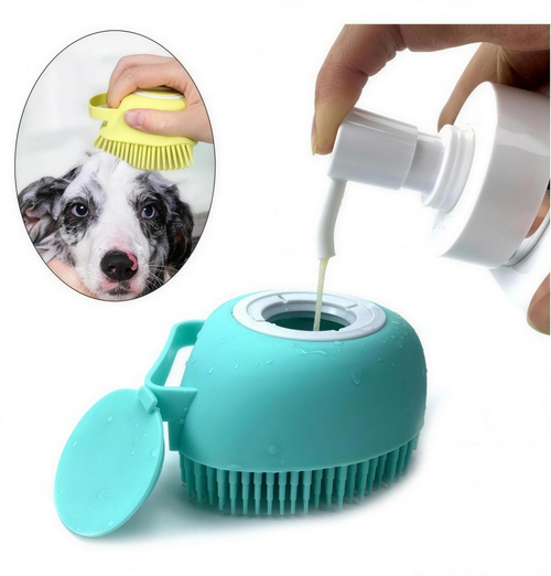 Dog getting bathed with the PawSplash silicone bath brush, dispensing shampoo through the bristles