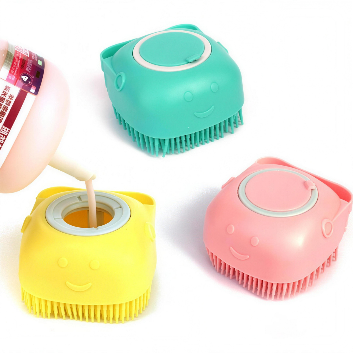 PawSplash Complete Grooming Bundle: silicone bath brush in teal, yellow, and pink