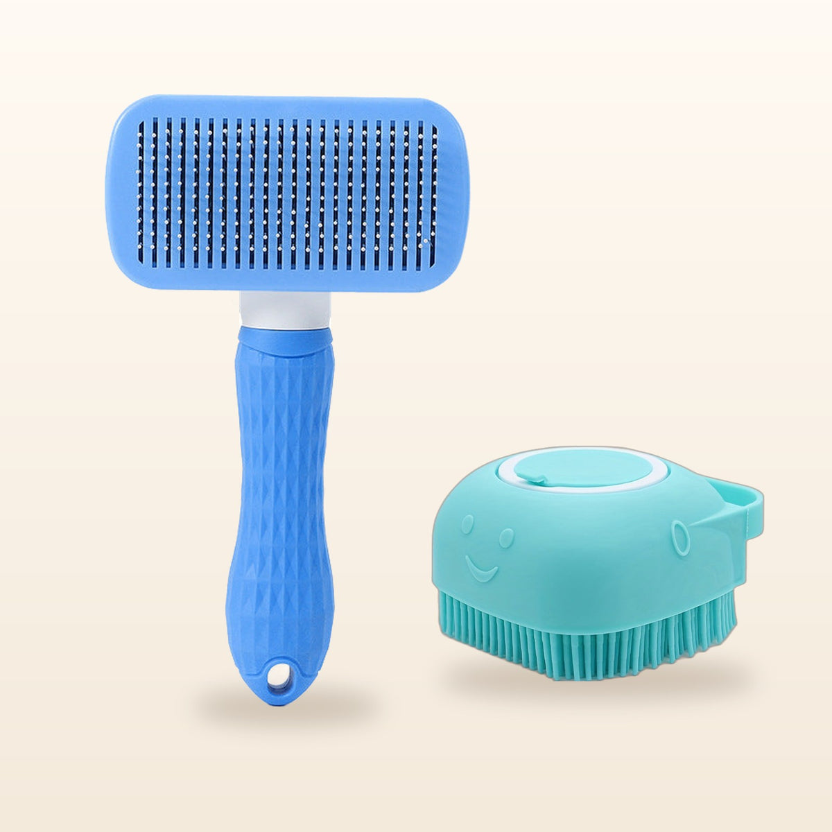 SudsyPet Wash & Deshed Set – turquoise bath brush and blue deshedding brush
