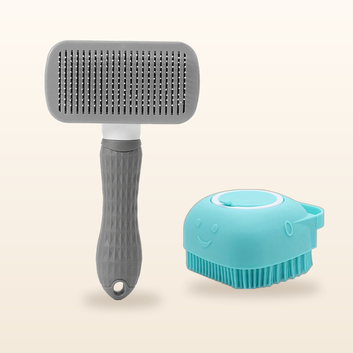 SudsyPet Wash & Deshed Set – turquoise bath brush and gray deshedding brush