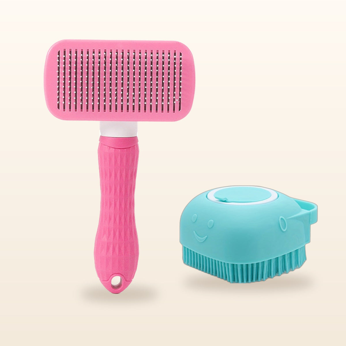 SudsyPet Wash & Deshed Set – turquoise bath brush and pink deshedding brush