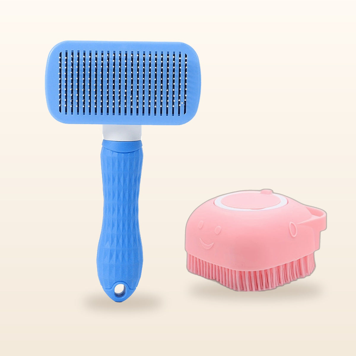 SudsyPet Wash & Deshed Set – pink bath brush and blue deshedding brush
