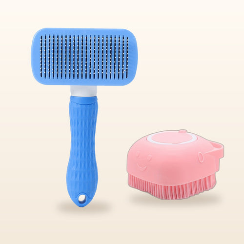 SudsyPet Wash & Deshed Set – pink bath brush and blue deshedding brush