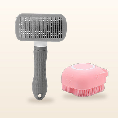 SudsyPet Wash & Deshed Set – pink bath brush and gray deshedding brush