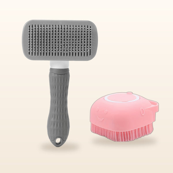 SudsyPet Wash & Deshed Set – pink bath brush and gray deshedding brush