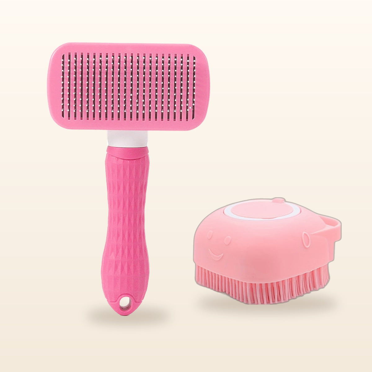 SudsyPet Wash & Deshed Set – pink bath brush and pink deshedding brush
