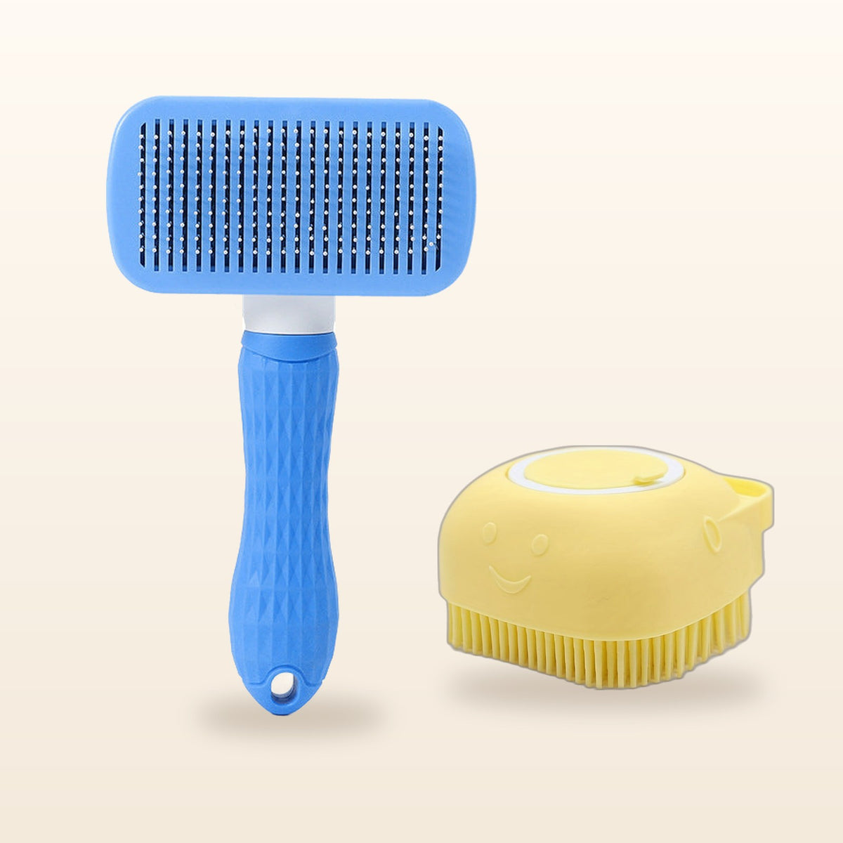 SudsyPet Wash & Deshed Set – yellow bath brush and blue deshedding brush