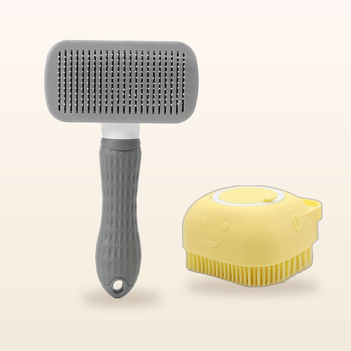 SudsyPet Wash & Deshed Set – yellow bath brush and gray deshedding brush