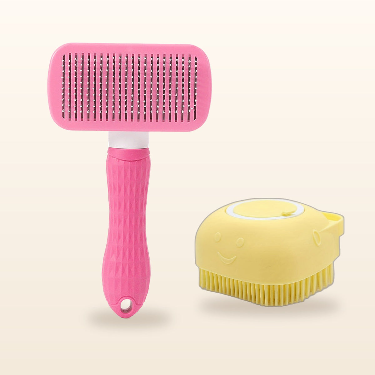 SudsyPet Wash & Deshed Set – yellow bath brush and pink deshedding brush